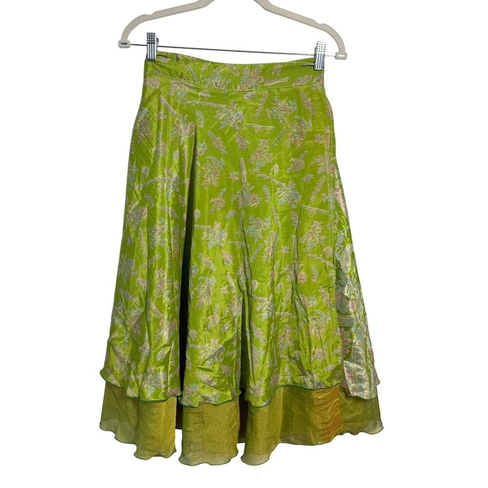 Womens Fairycore Boho Whimsical Y2K Silk Wrap Midi Skirt Lime Green Festival